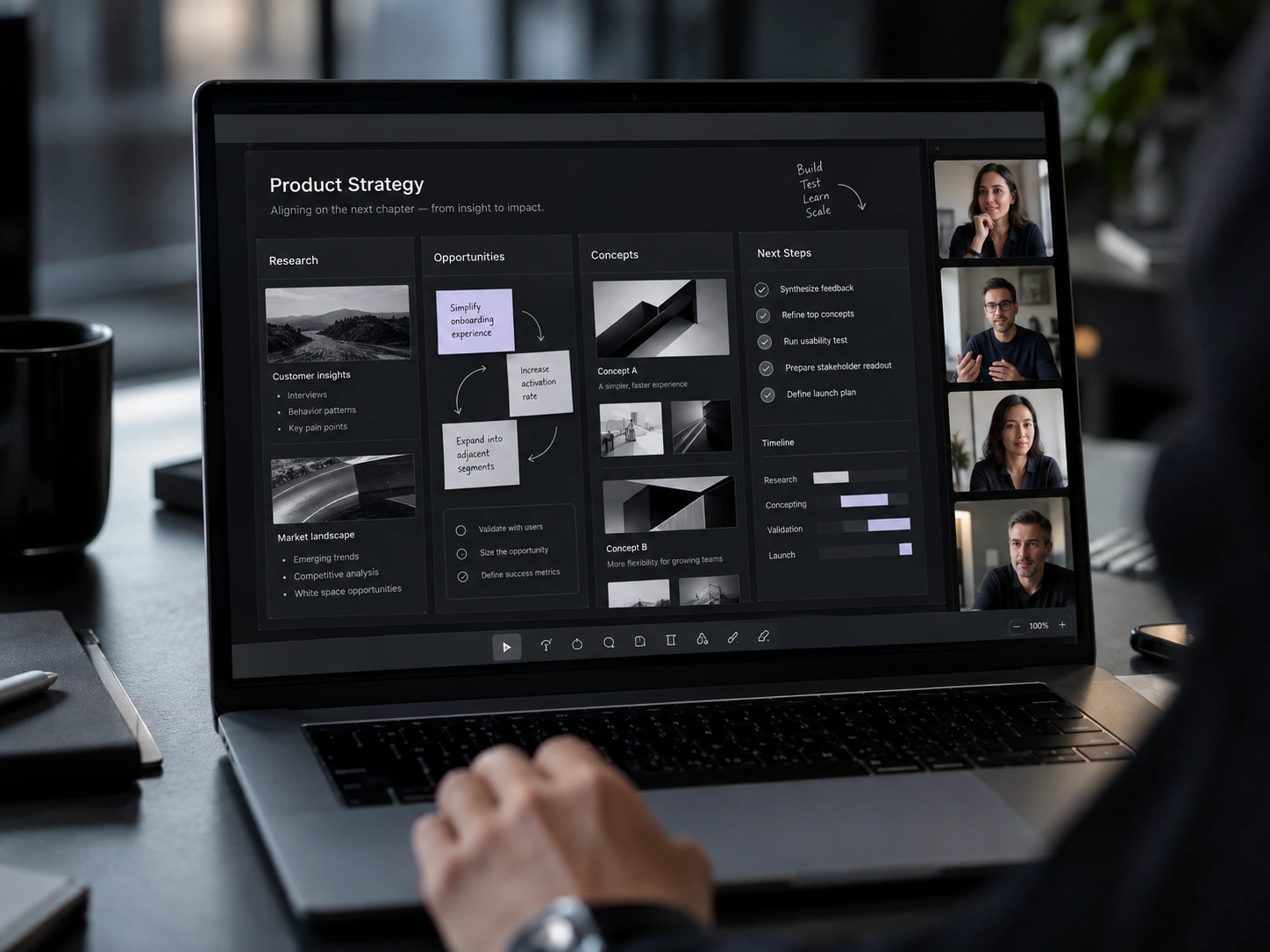 Realistic collaborative online meeting with shared workspace and participant video tiles